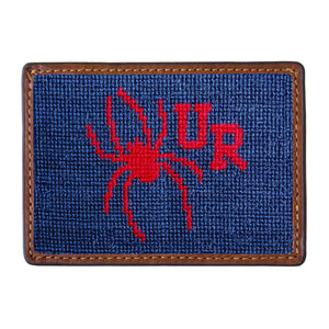 Richmond needlepoint card wallet in navy blue with Italian leather trim.