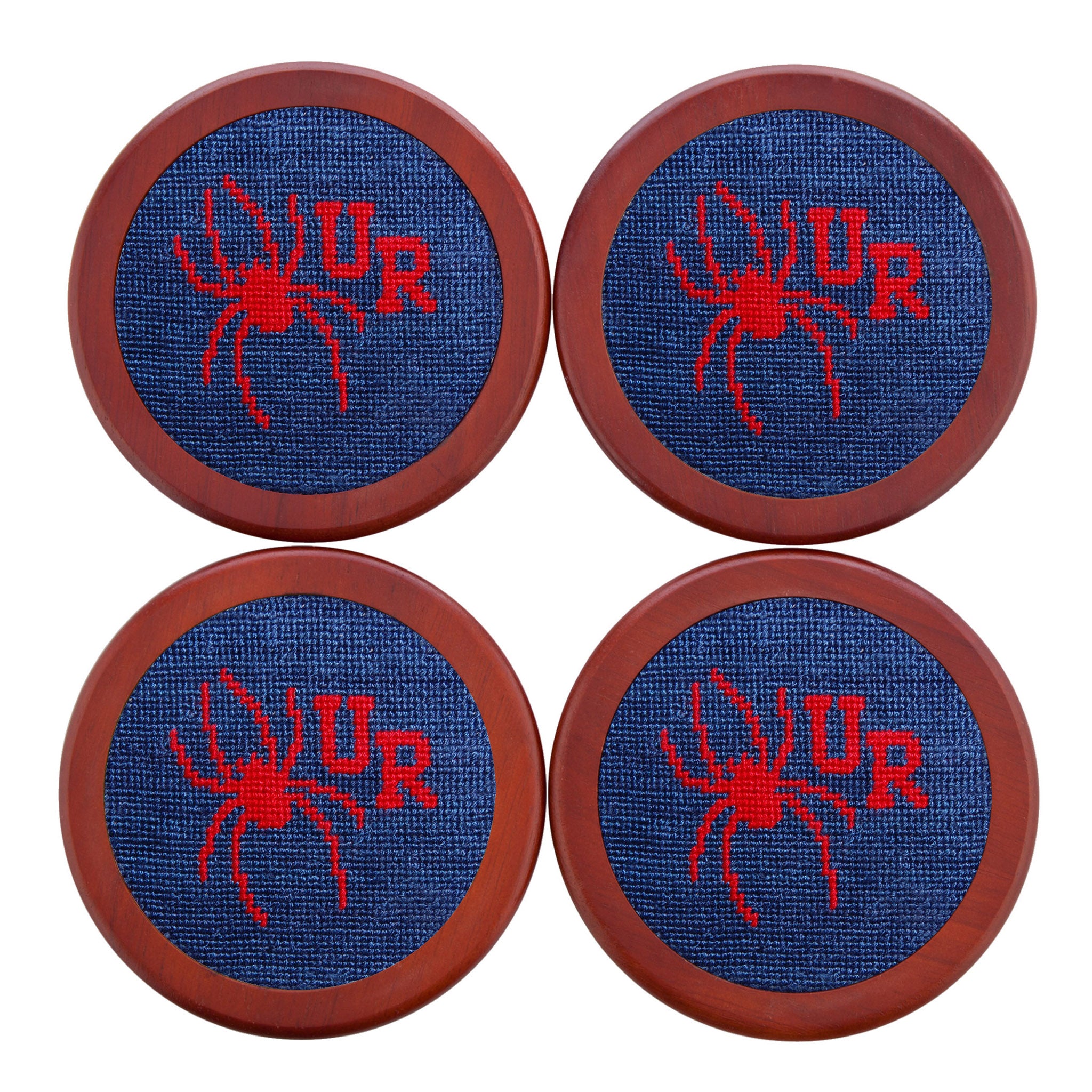 Richmond coaster set featuring the collegiate logo in navy and red needlepoint, shown laid flat.