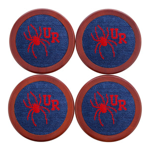 Richmond coaster set featuring the collegiate logo in navy and red needlepoint, shown laid flat.