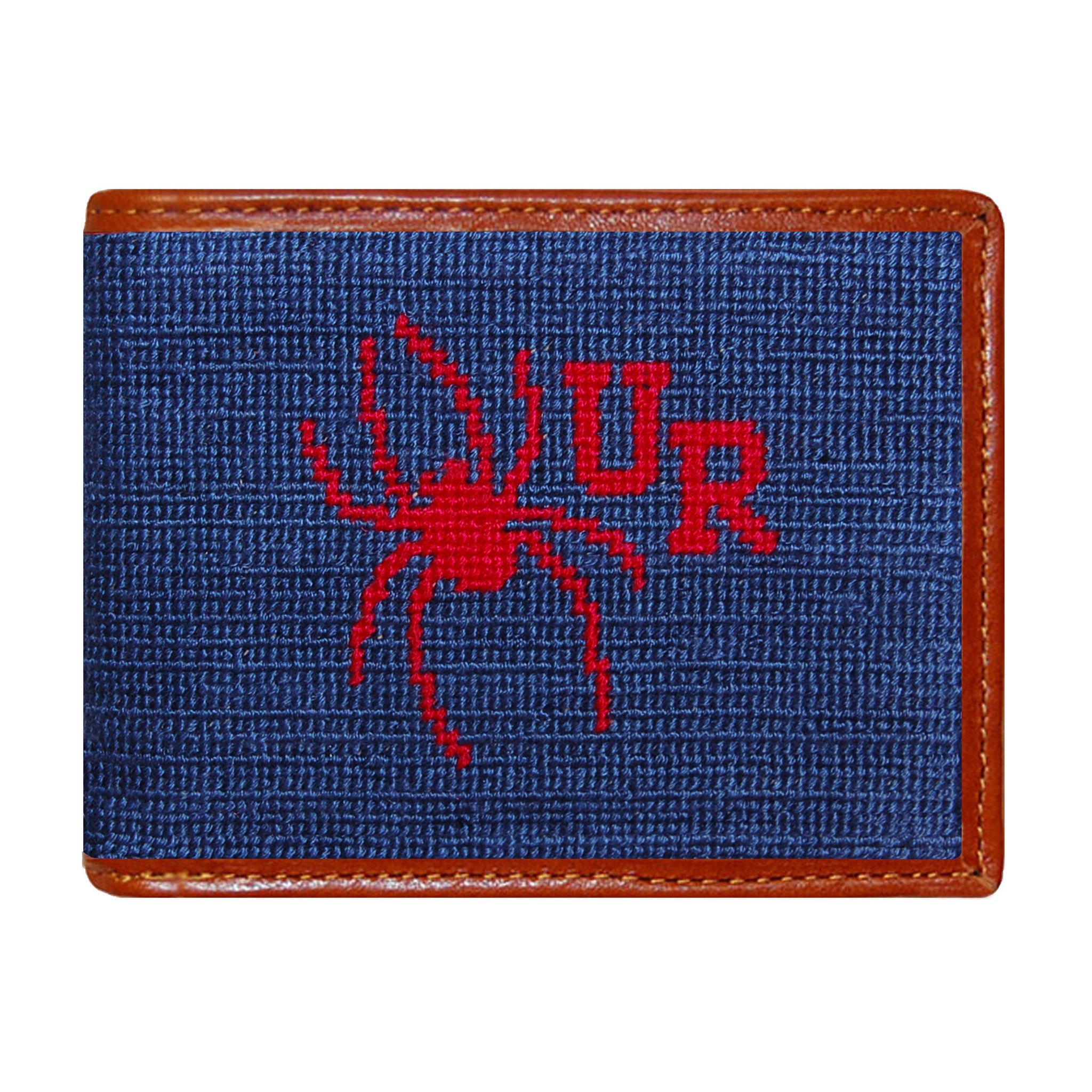 Richmond navy needlepoint bi-fold wallet with yellow “R” logo and brown leather trim, shown from primary angle.