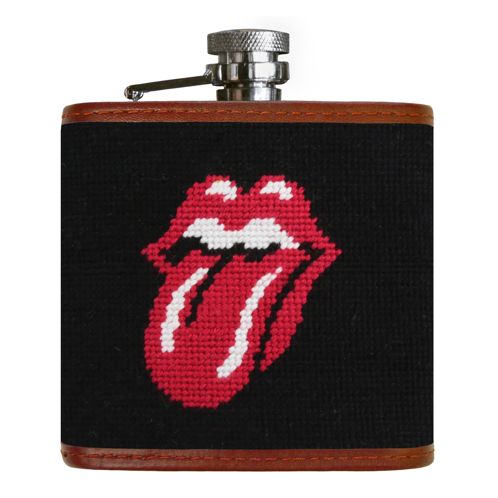 Rolling Stones flask with black, red, and white needlepoint Rolling Stones design.