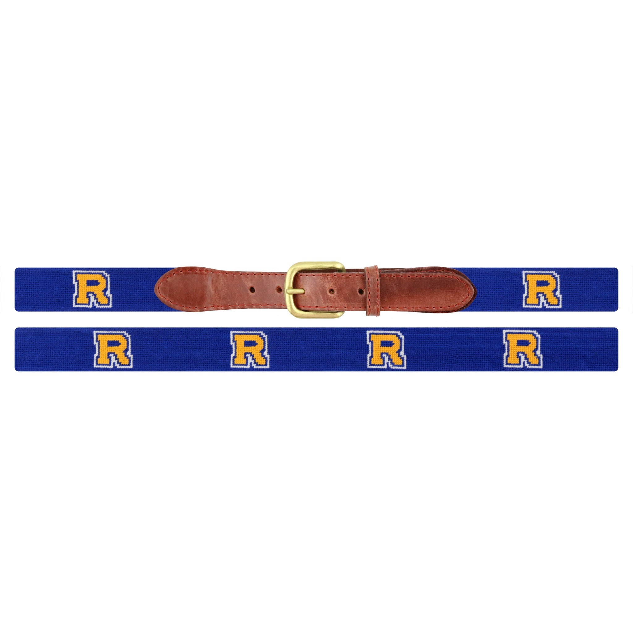Flat view of Needlepoint Rollins Belt Dark Royal with brown leather trim and a brass buckle