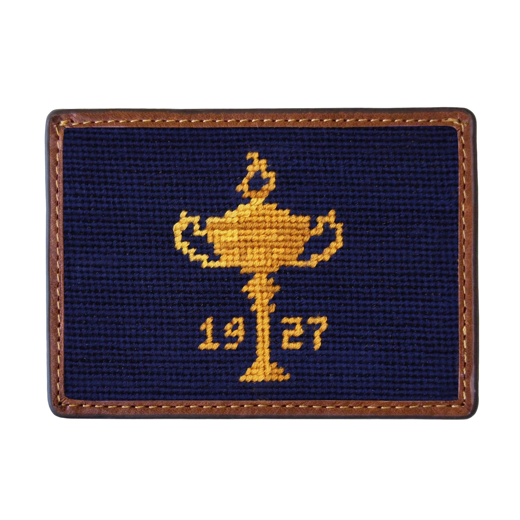 Cardholder with a gold trophy design and '1927' on a navy background