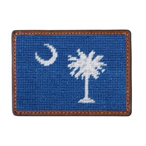 South Carolina flag needlepoint card wallet in blueberry with Italian leather trim.