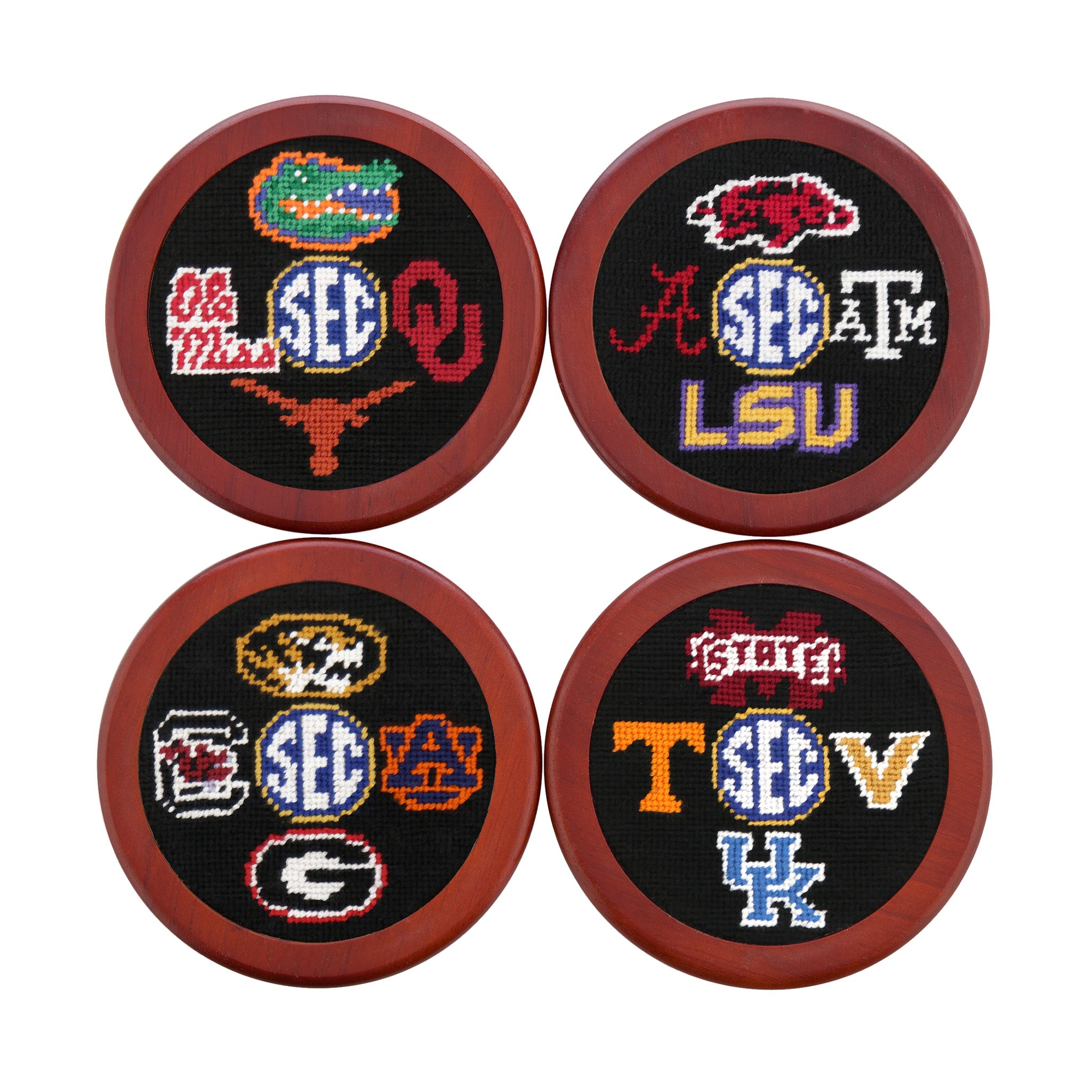 Black coaster featuring the SEC collegiate logo stitched in white, shown laid flat.