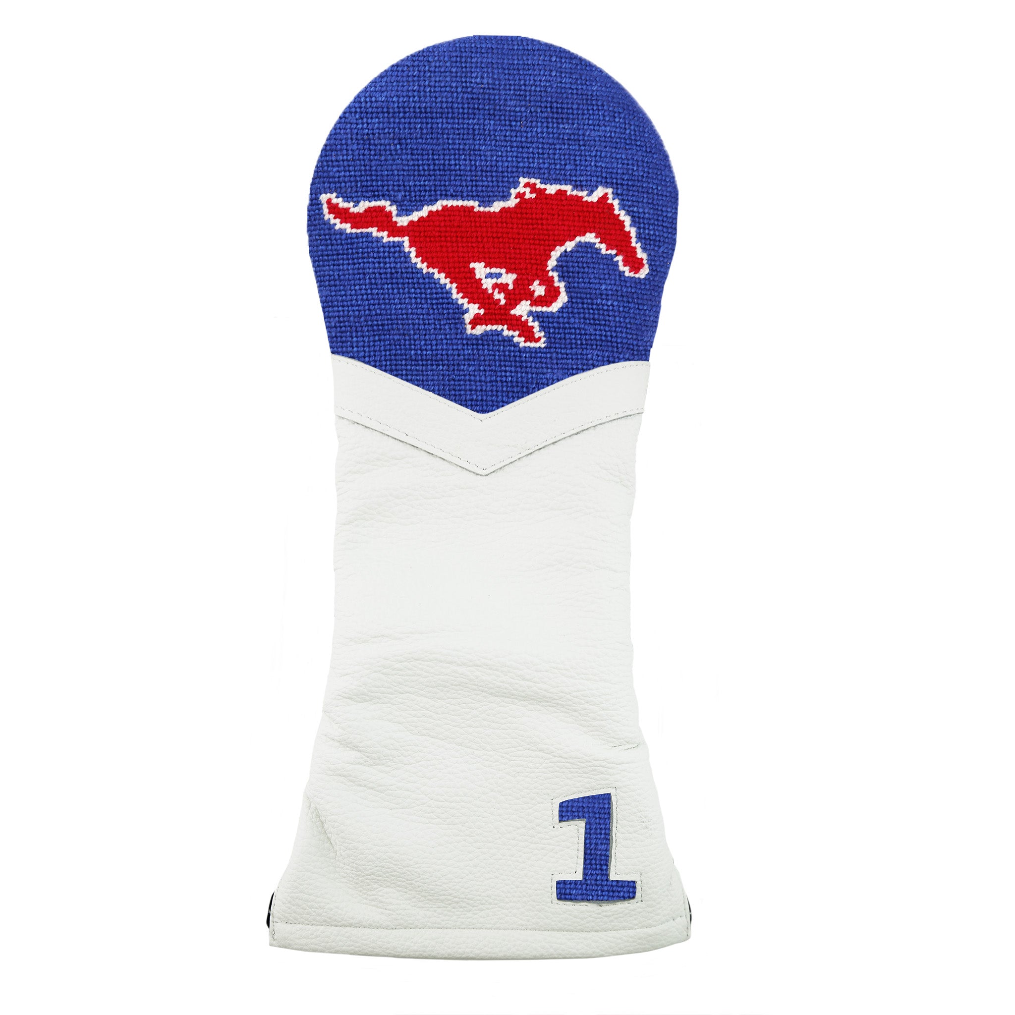 White golf headcover with SMU logo with royal blue background