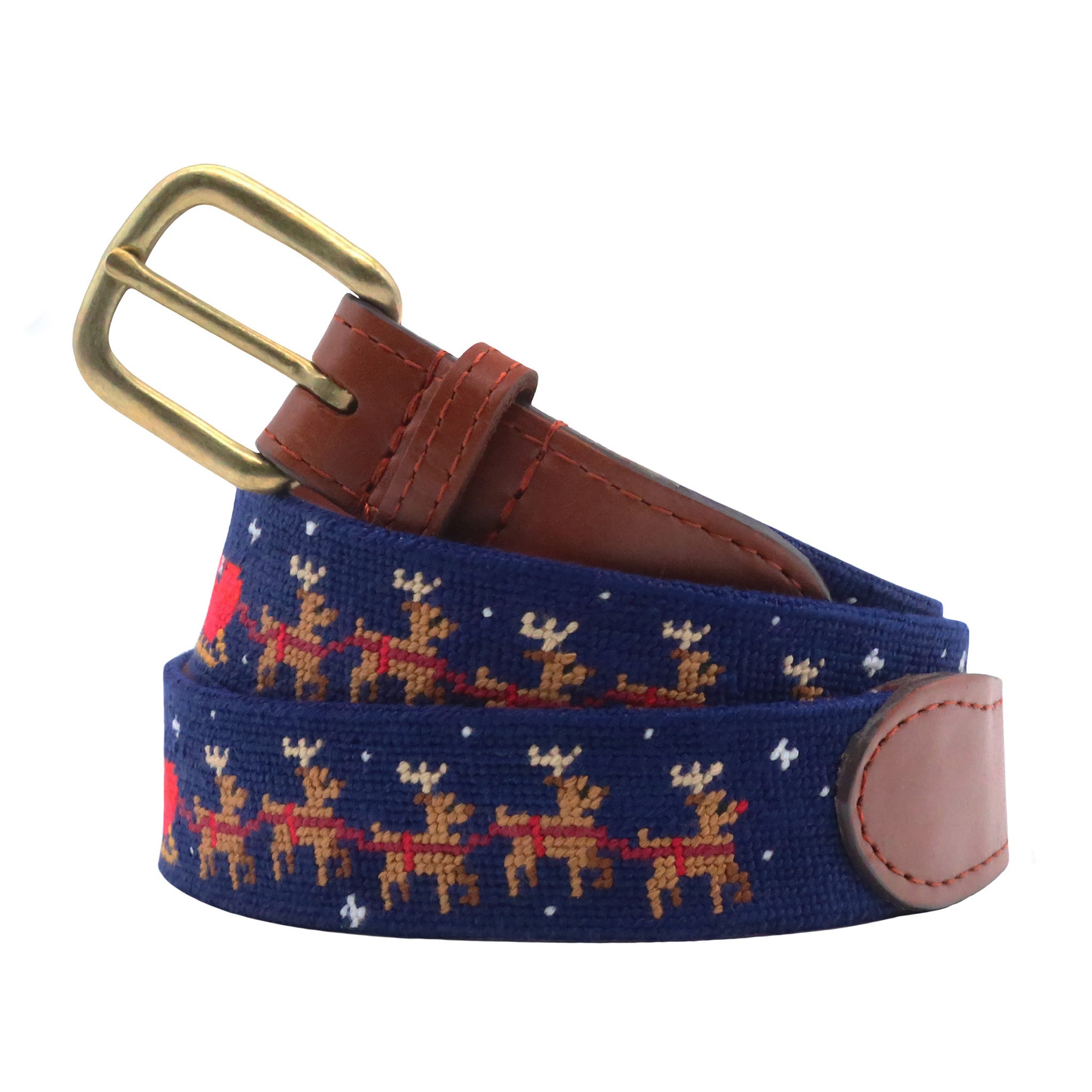 Monogrammed Santa's Sleigh Needlepoint Belt Dark Navy coiled, with brown leather trim and a brass buckle