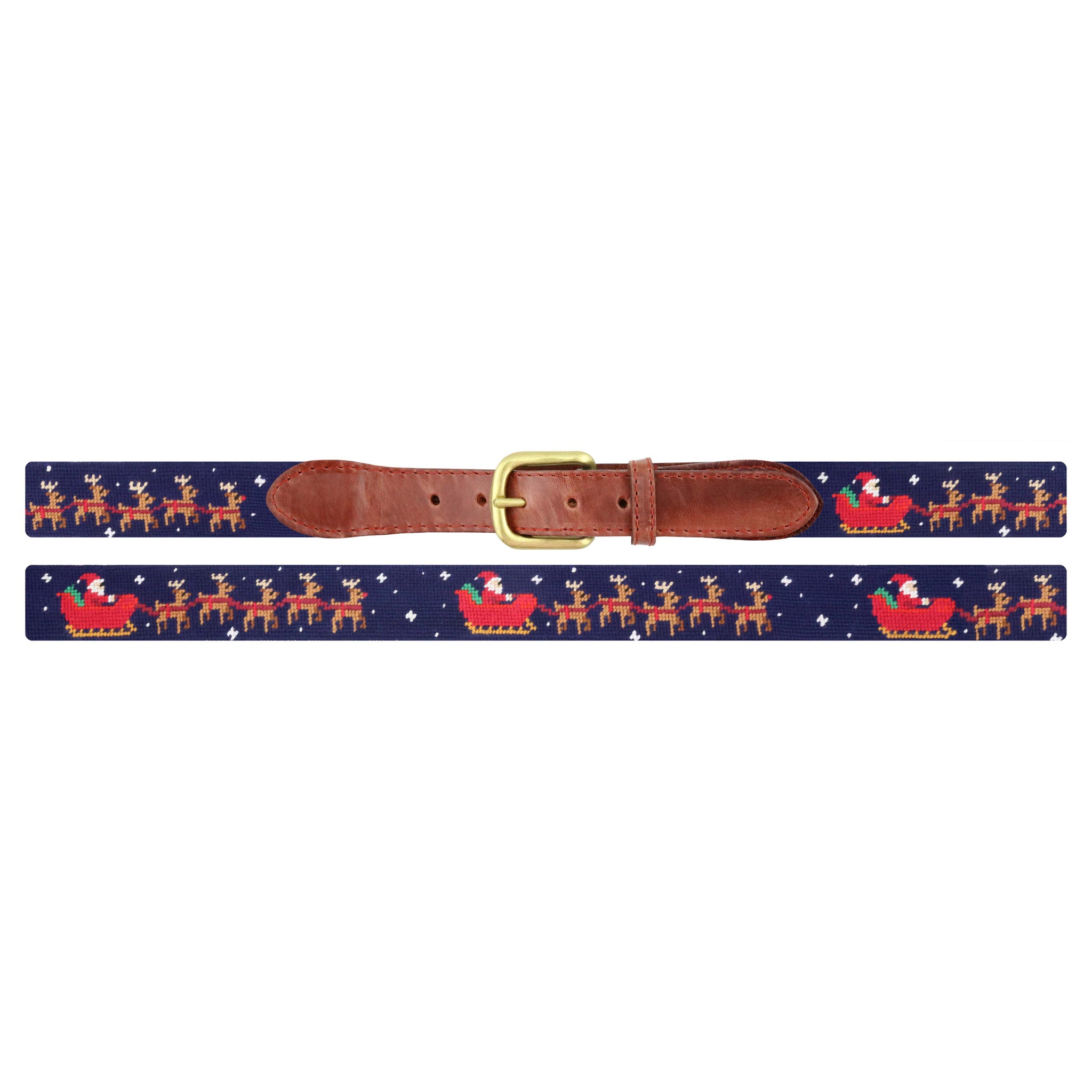 Flat view of Needlepoint Santa's Sleigh Belt Dark Navy with brown leather trim and a brass buckle