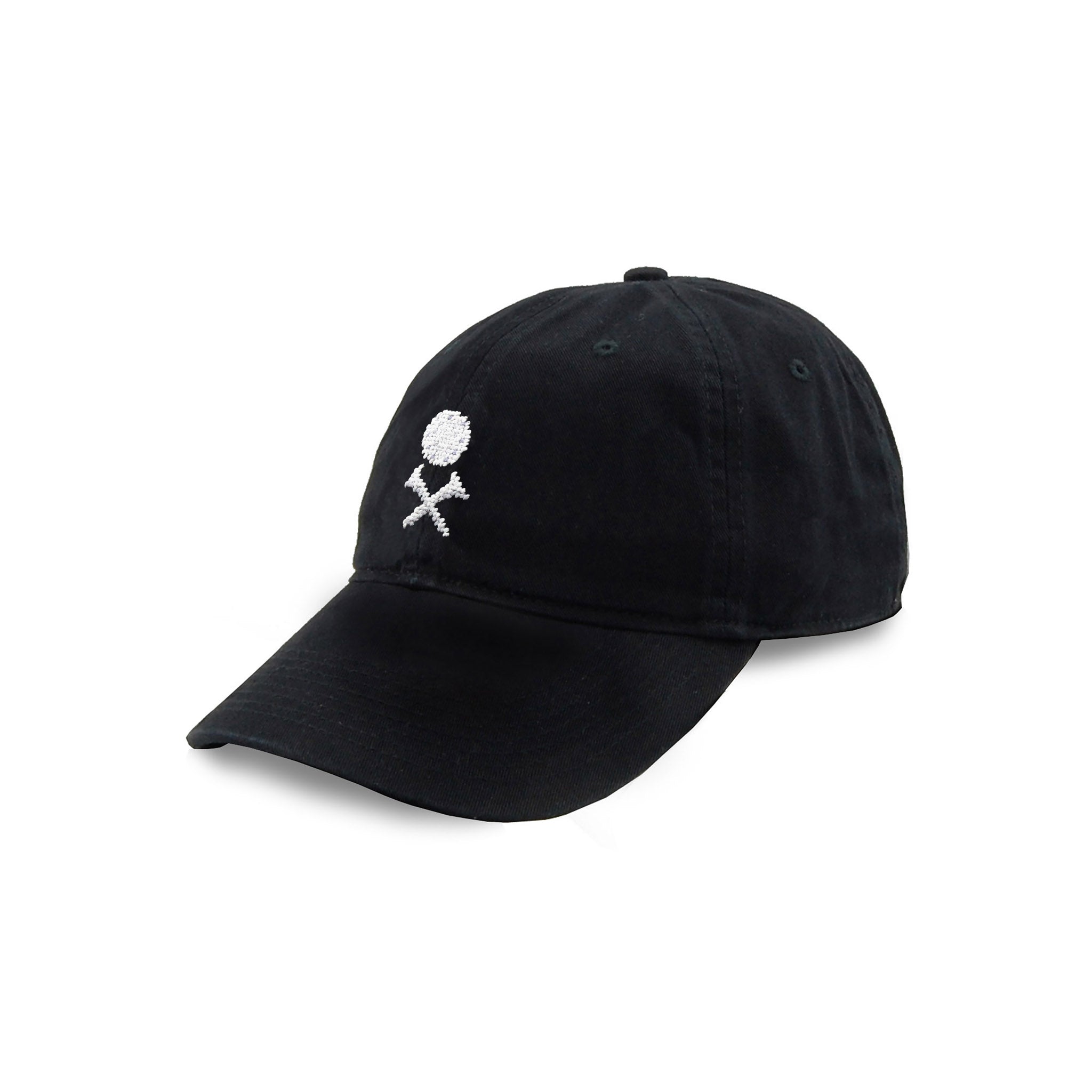 Six-panel cotton hat in black featuring a golf swing follow-through silhouette stitched in white thread on the front.