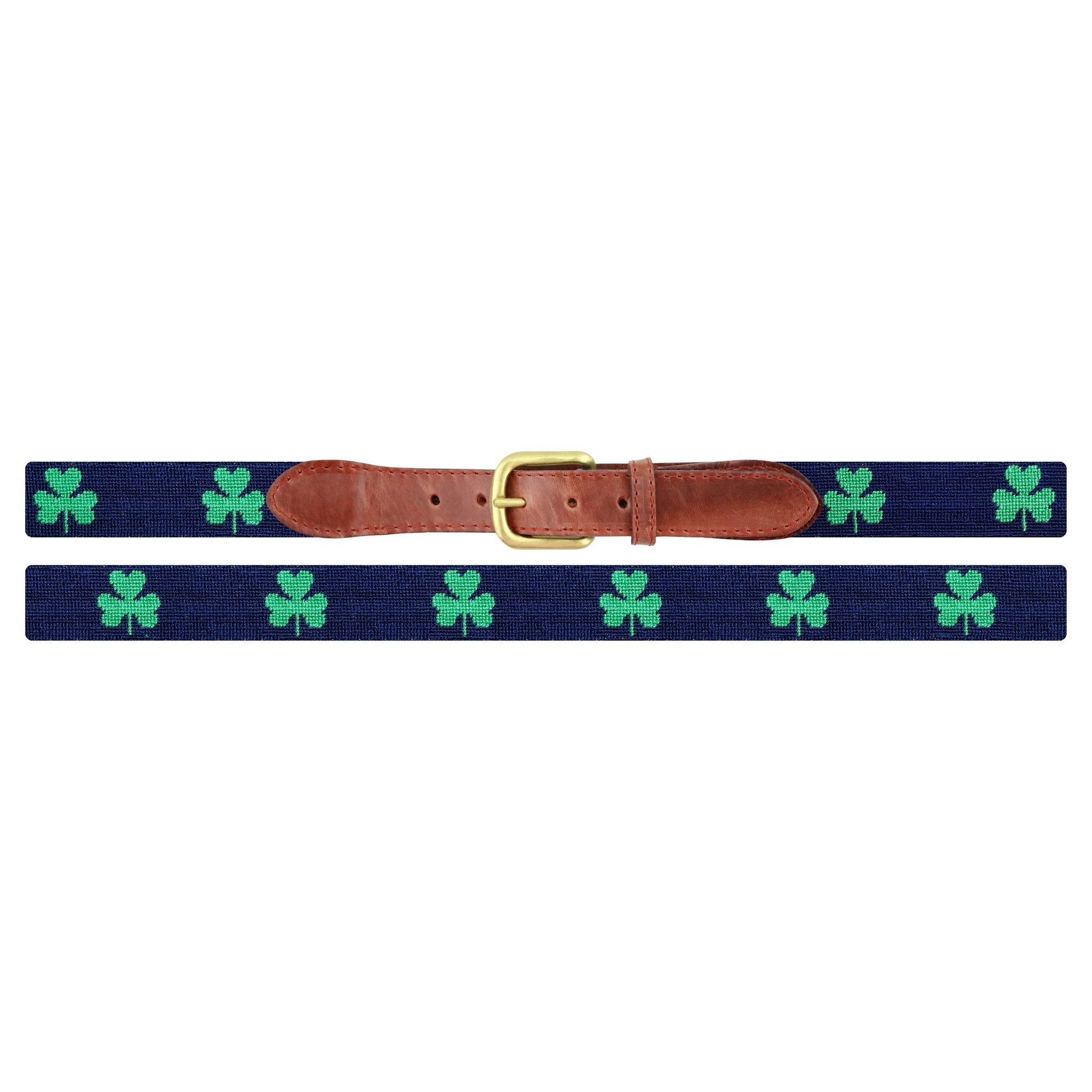 Flat view of Needlepoint Monogrammed Shamrock Belt Dark Navy with brown leather trim and a brass buckle