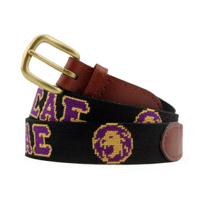 Sigma Alpha Epsilon Needlepoint Belt coiled, with brown leather trim and a brass buckle