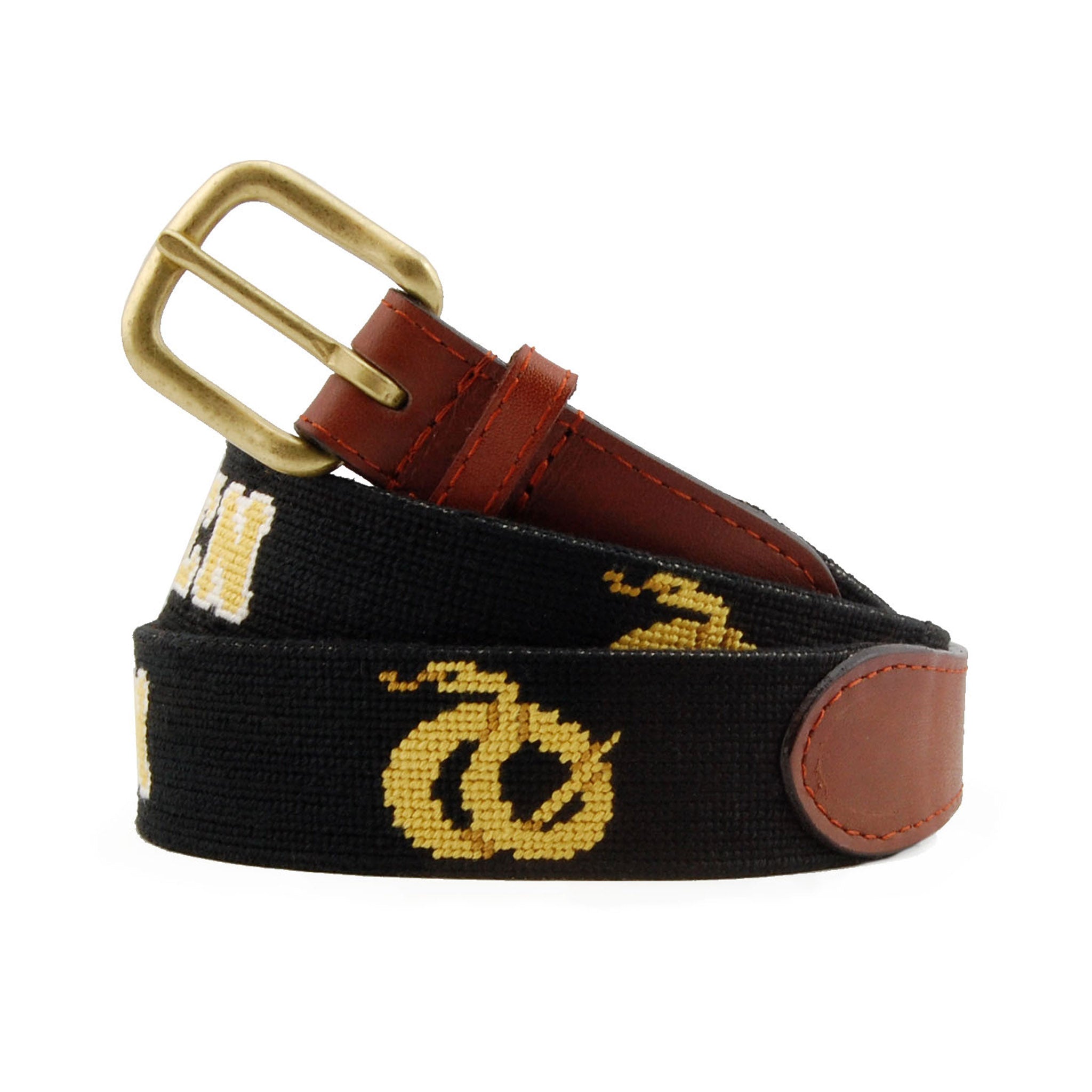Sigma Nu Needlepoint Belt coiled, with brown leather trim and a brass buckle