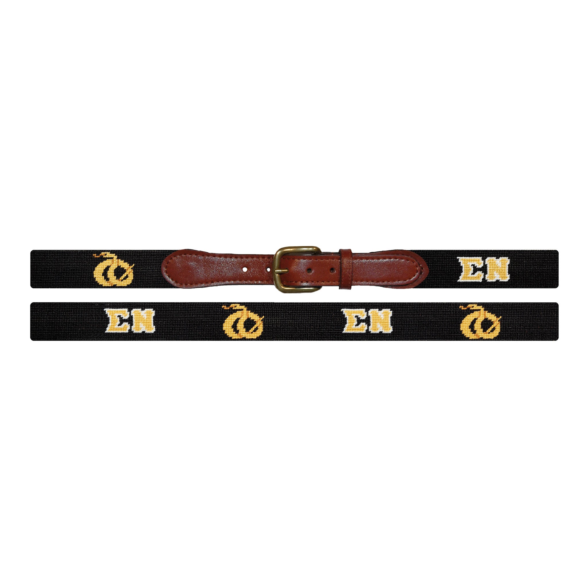 Flat view of Needlepoint Sigma Nu Belt with brown leather trim and a brass buckle