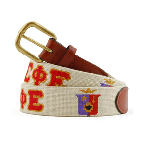 Sigma Phi Epsilon Needlepoint Belt coiled, with brown leather trim and a brass buckle