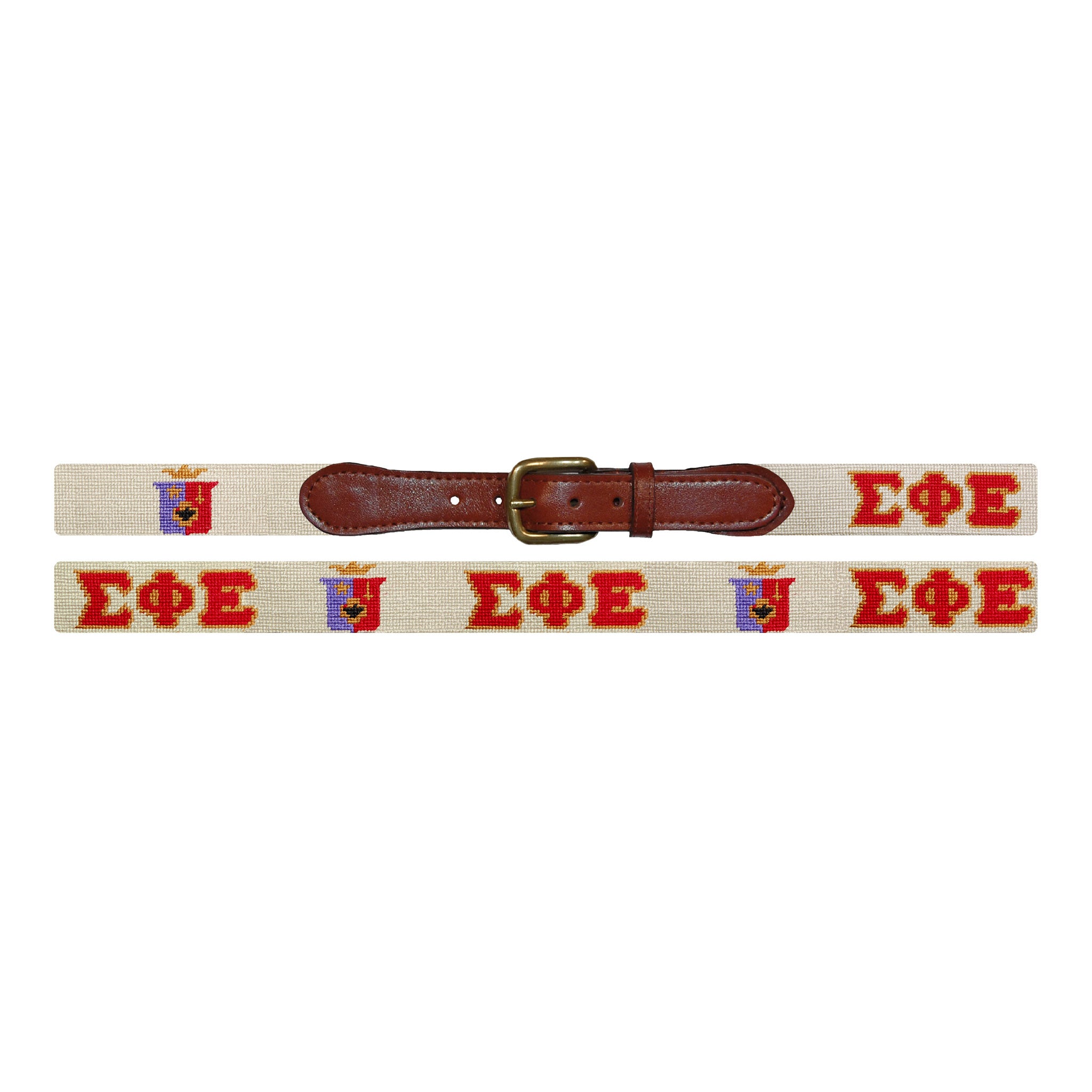 Flat view of Needlepoint Sigma Phi Epsilon Belt with brown leather trim and a brass buckle