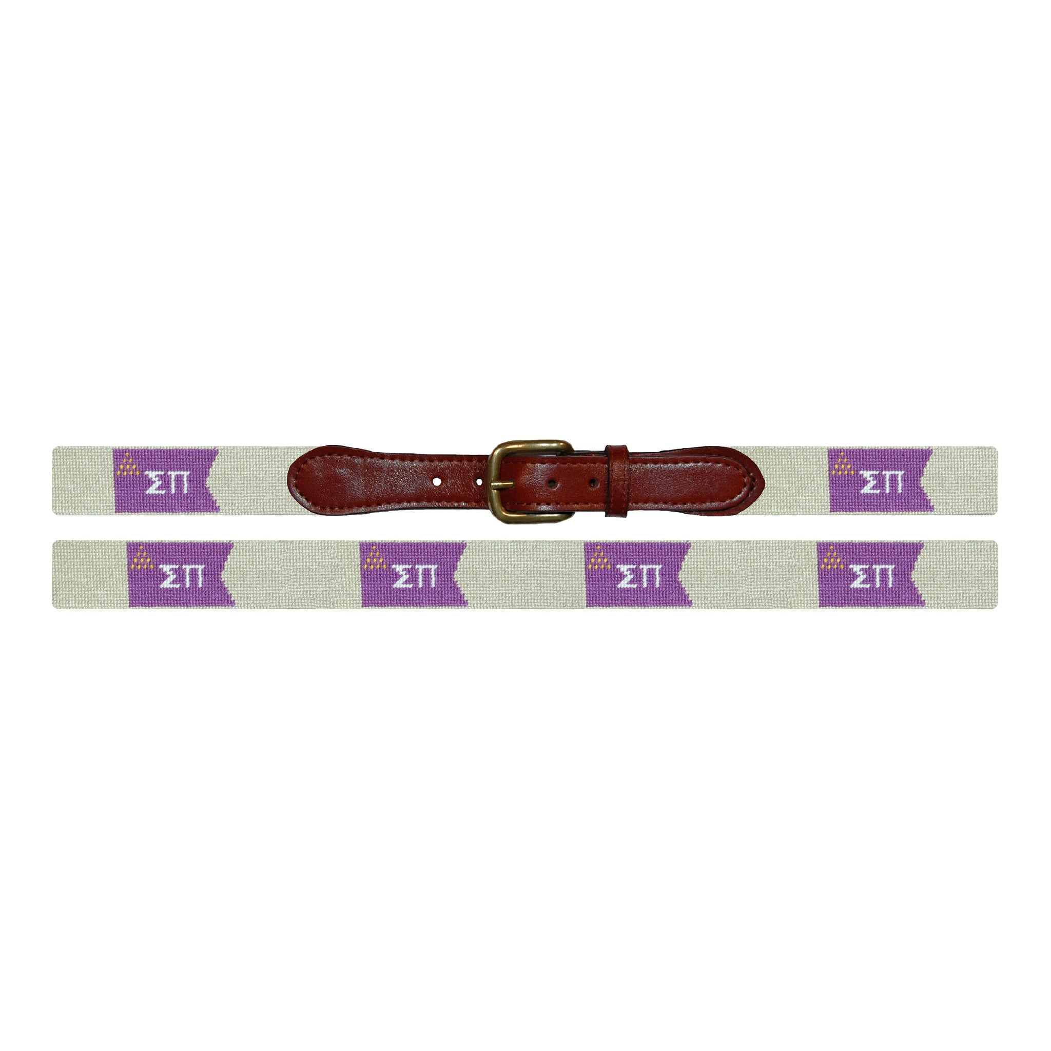 Flat view of Needlepoint Sigma Pi Belt with brown leather trim and a brass buckle