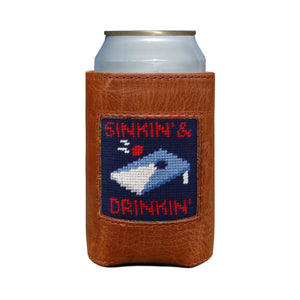 Dark navy can cooler with "Sinkin and Drinkin" text, shown from primary angle.