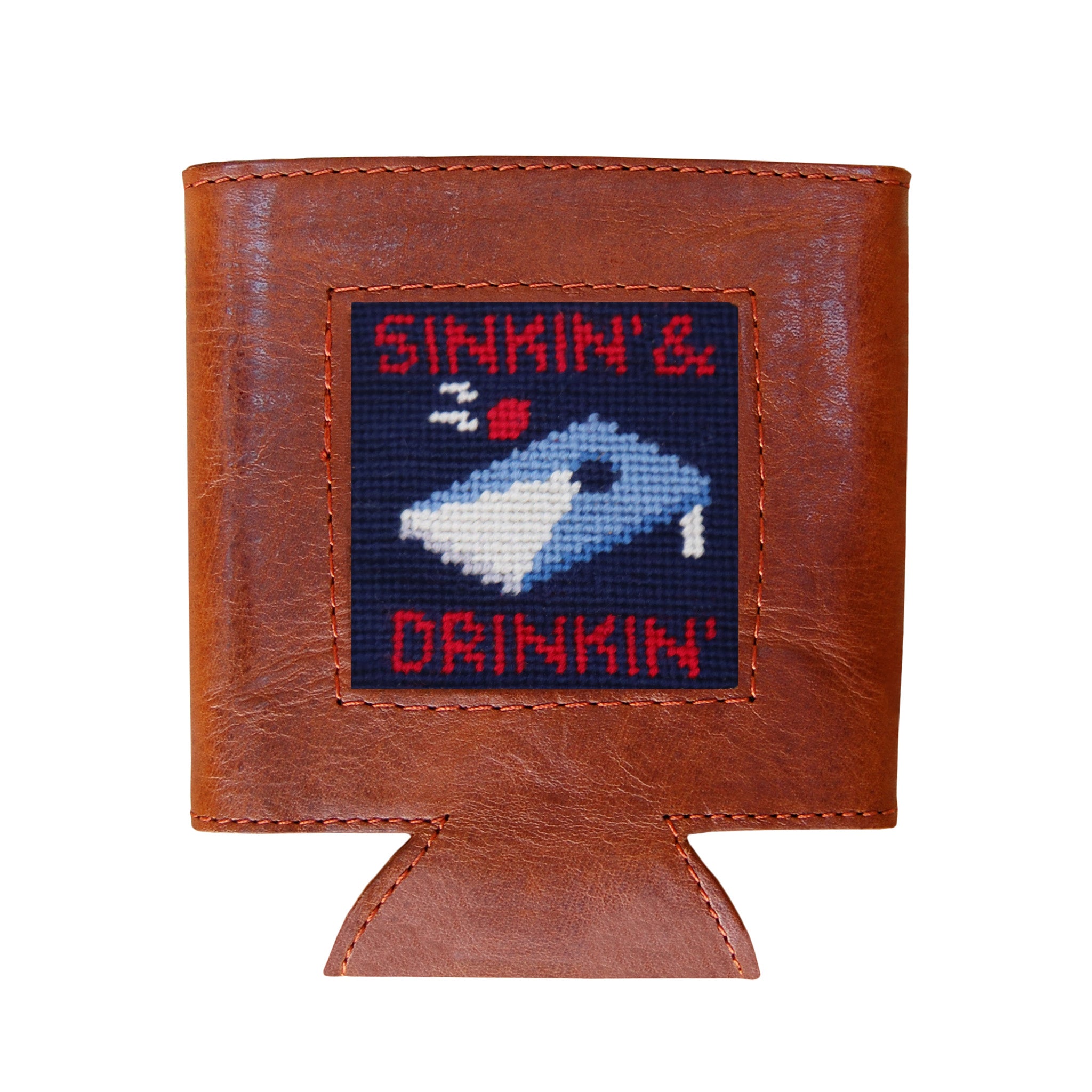 Dark navy can cooler with "Sinkin and Drinkin" text, shown from secondary angle.