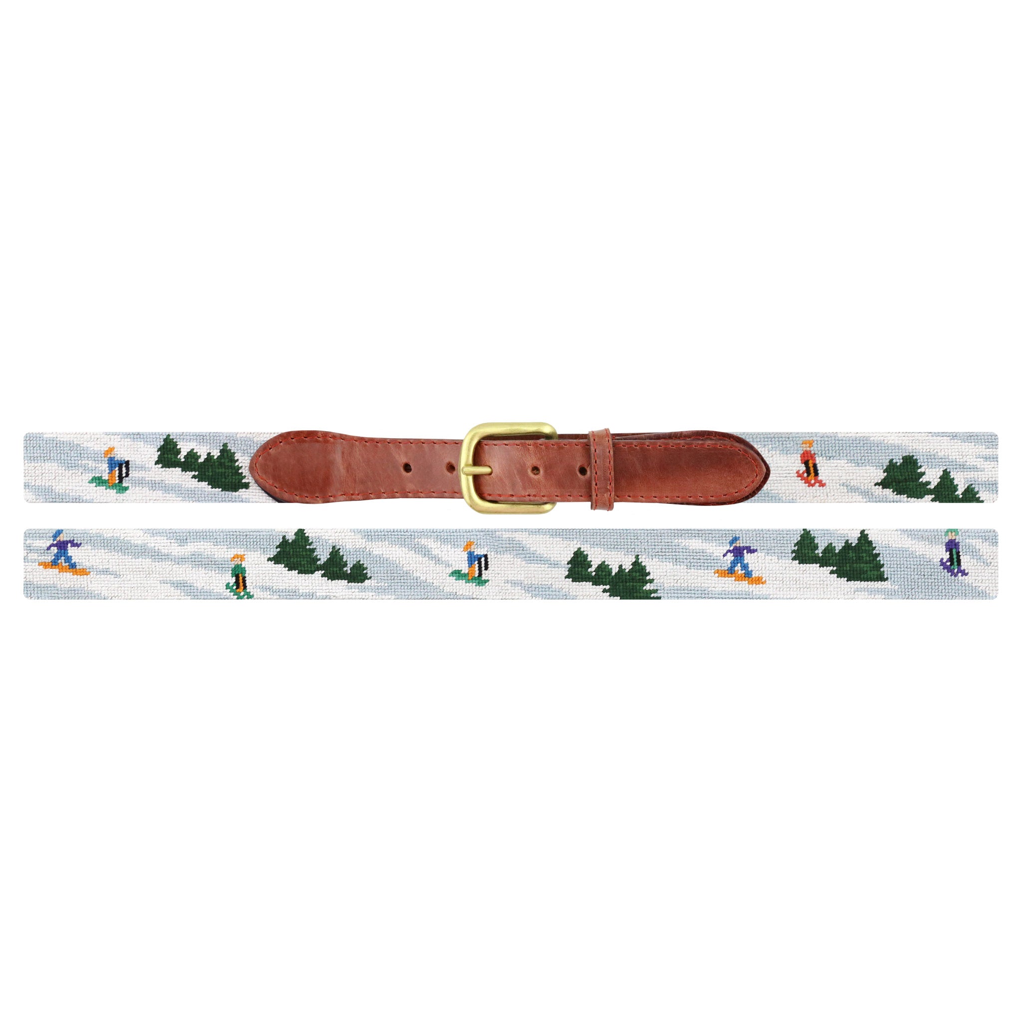 Flat view of Needlepoint Slopes Belt Final Sale with brown leather trim and a brass buckle