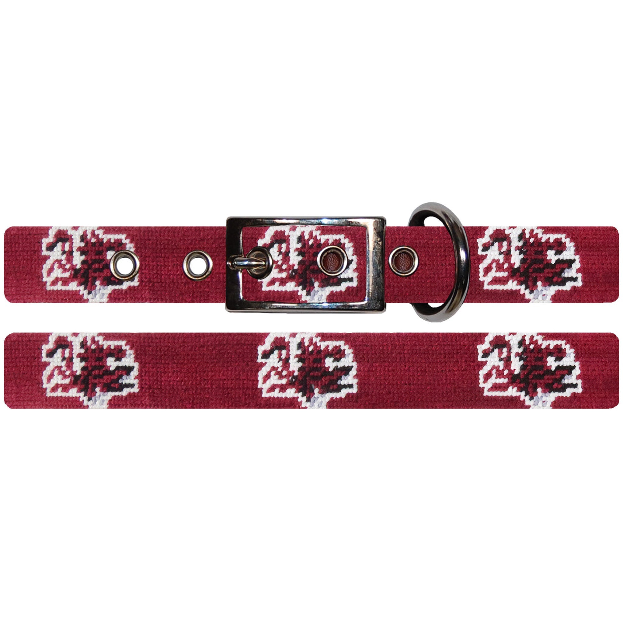 Shows the full length of the collar with detailed needlepoint design and metal buckle.
