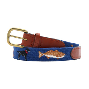 Southern Sportsman needlepoint children's belt coiled to show detailed stitching and construction.