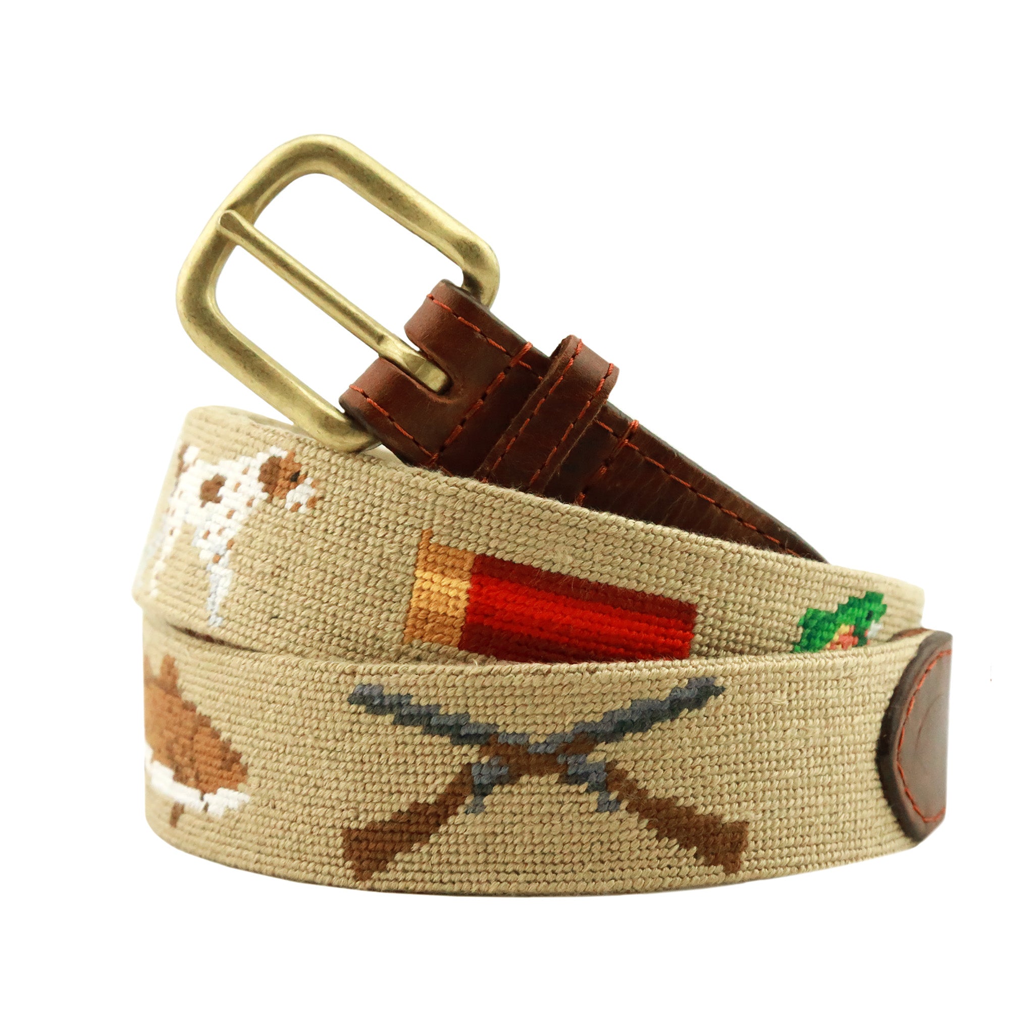 Monogrammed Southern Sportsman Needlepoint Belt Dark Khaki coiled, with brown leather trim and a brass buckle