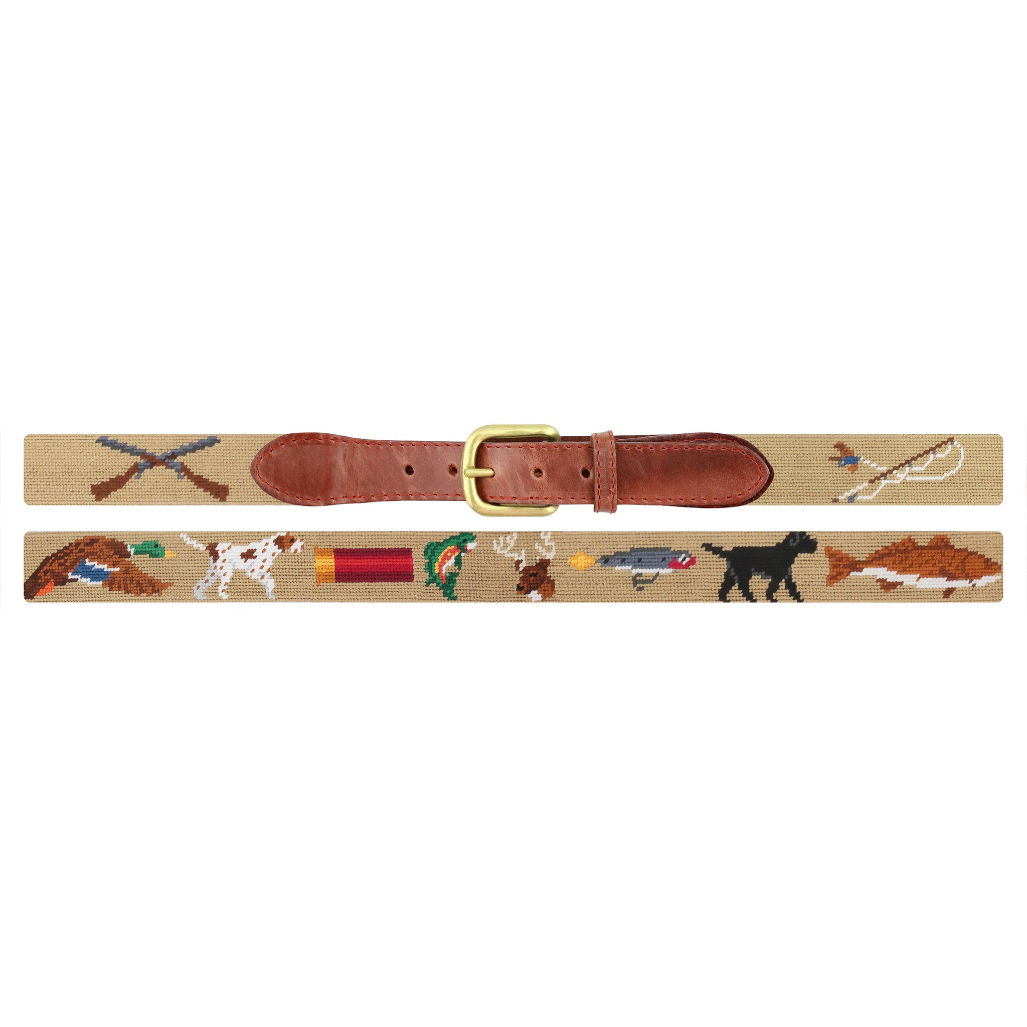 Flat view of Needlepoint Monogrammed Southern Sportsman Belt Dark Khaki with brown leather trim and a brass buckle
