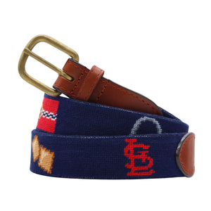 St Louis Cardinals Life Needlepoint Belt Dark Navy coiled, with brown leather trim and a brass buckle