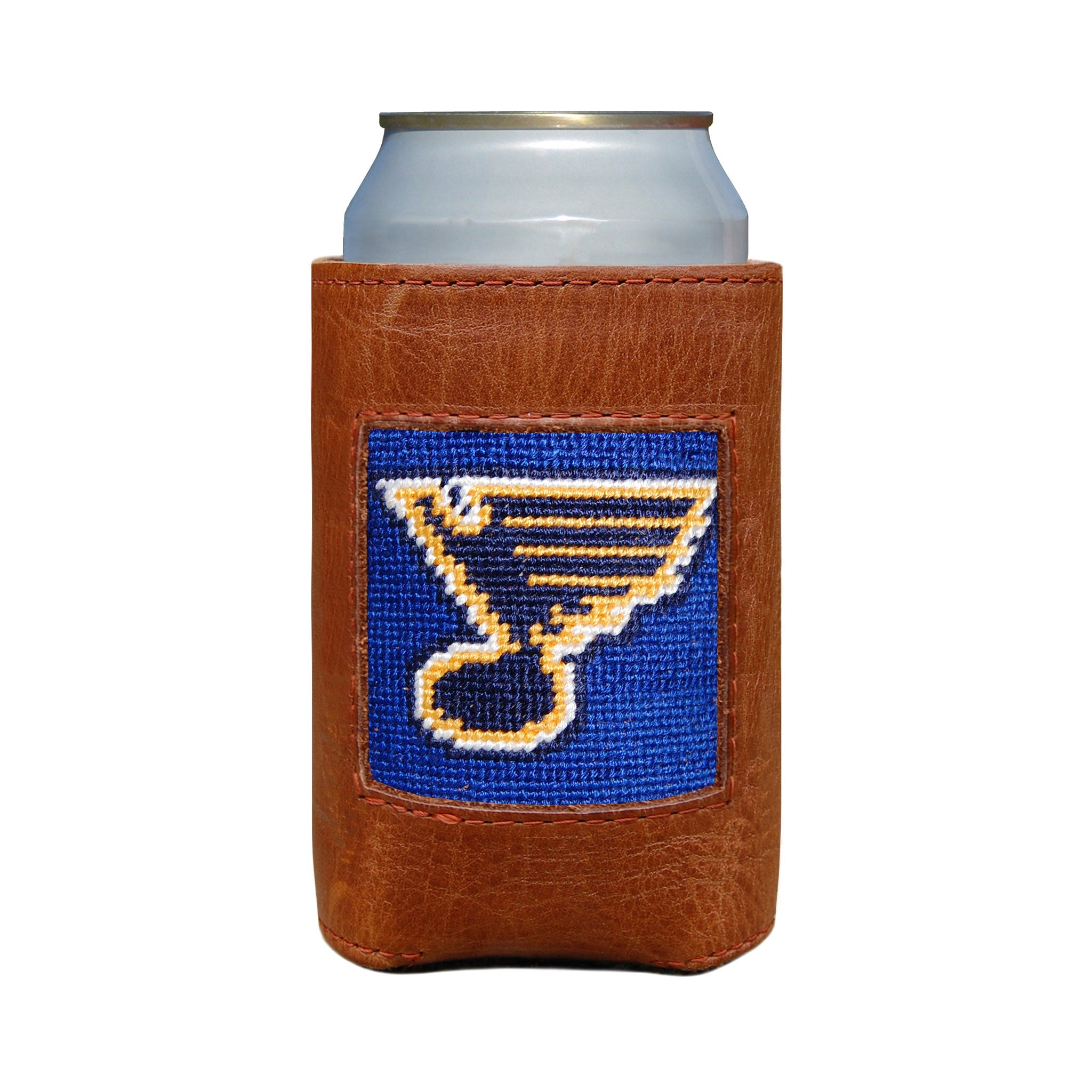 Blue can cooler with the gold St. Louis Blues hockey logo.