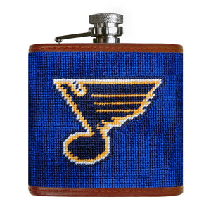 St. Louis Blues navy flask with blue and gold needlepoint Blues logo.