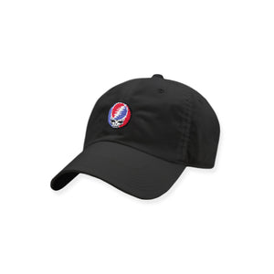 Steal Your Face needlepoint design on the front of a black six-panel cotton hat.