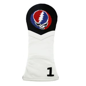 White golf headcover with Steal your face logo with black background