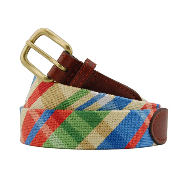 Colorful striped belt with a gold buckle on a white background