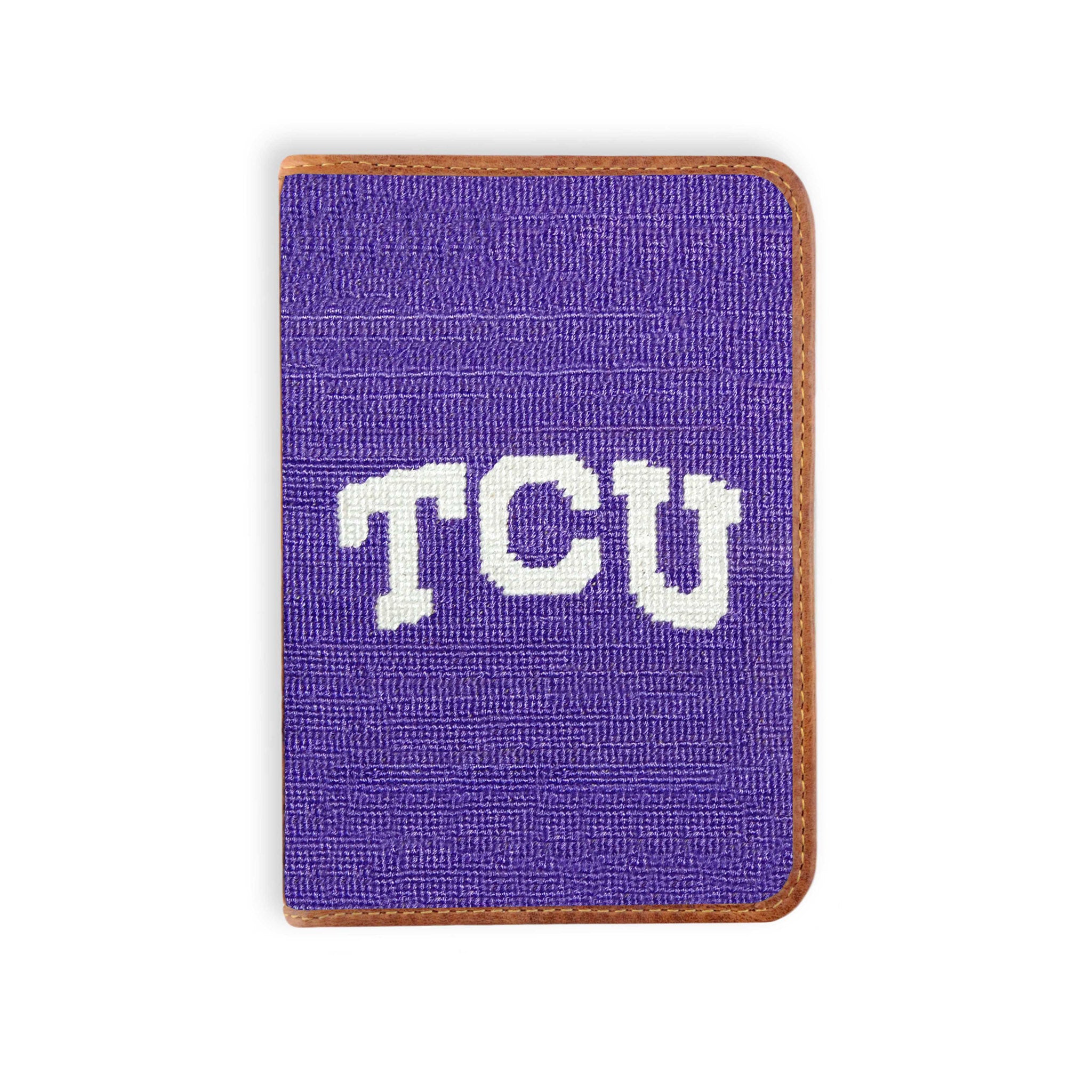 Needlepoint golf scorecard holder featuring the TCU logo, leather trim