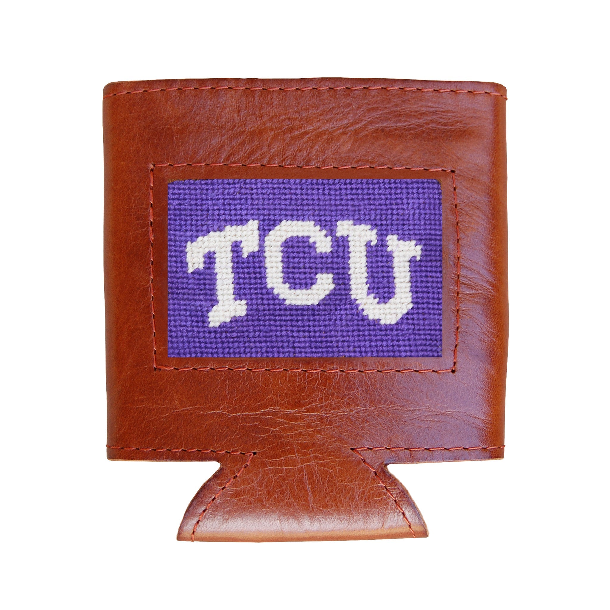 Purple can cooler displaying the white TCU Horned Frogs “TCU” logo from a secondary angle.