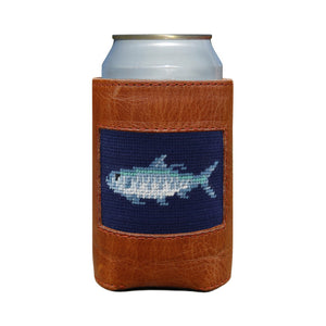 Dark navy can cooler with a Tarpon fish design, shown from primary angle.