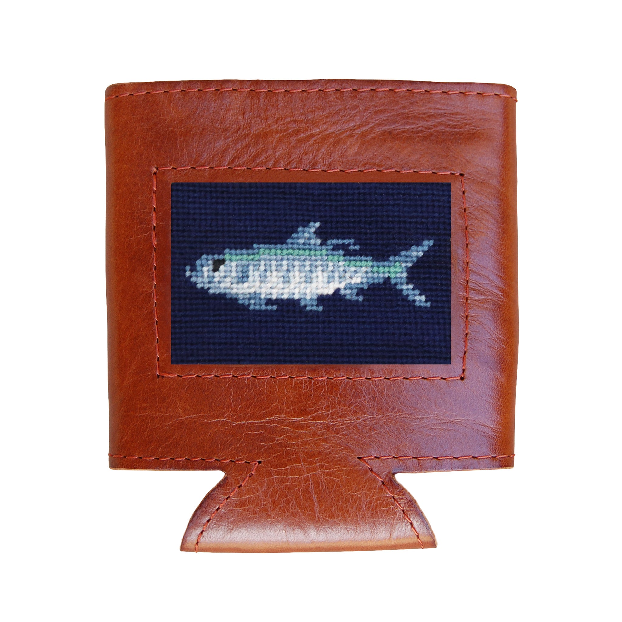 Dark navy can cooler with a Tarpon fish design, shown from secondary angle.