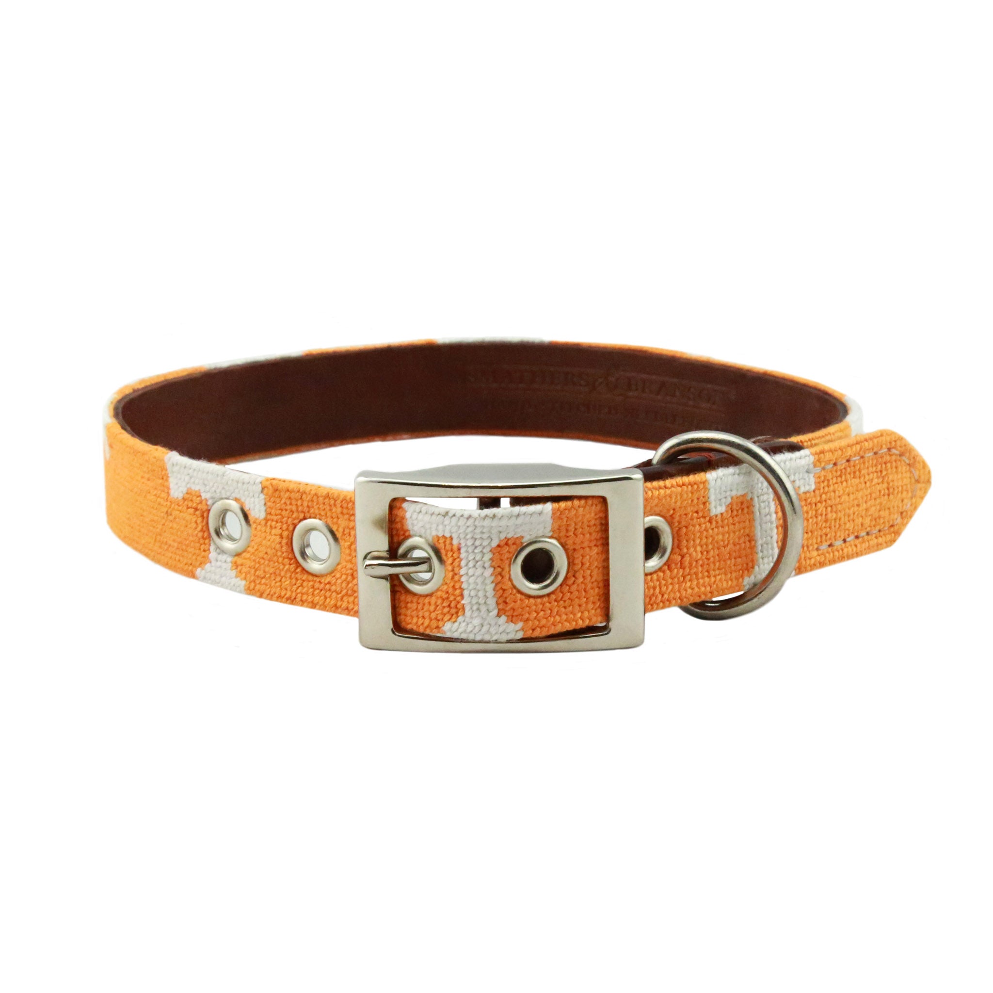Tennessee needlepoint dog collar featuring the Tennessee logo stitched in orange, with brown leather backing and durable hardware for secure wear