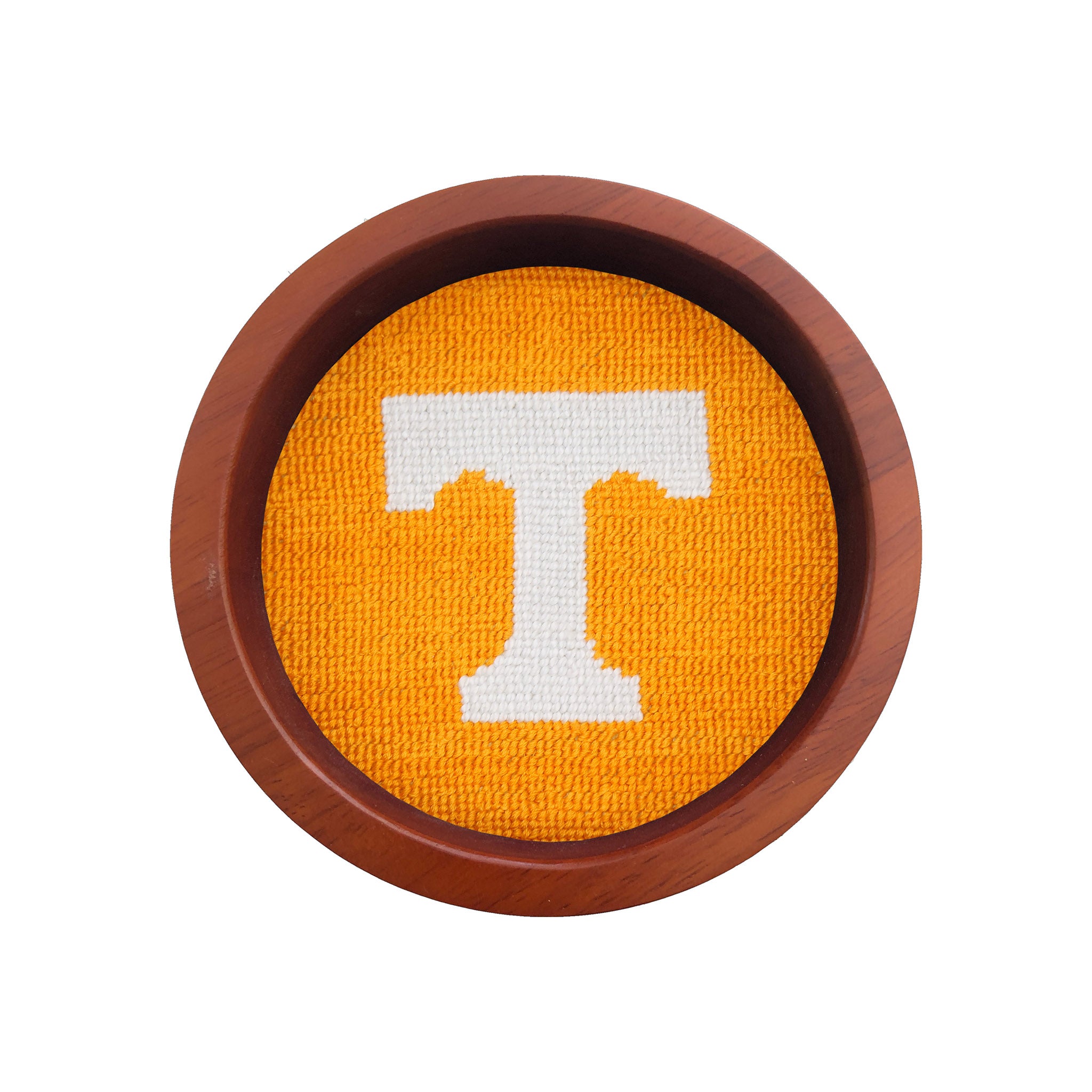 Round wooden wine bottle coaster featuring the Texas logo stitched in needlepoint.