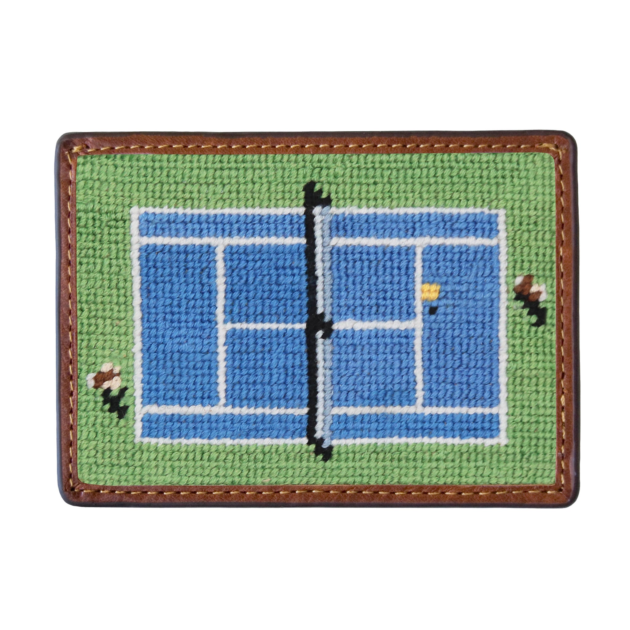 Tennis overhead moss green needlepoint card wallet with Italian leather trim.