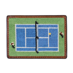 Tennis overhead moss green needlepoint card wallet with Italian leather trim.