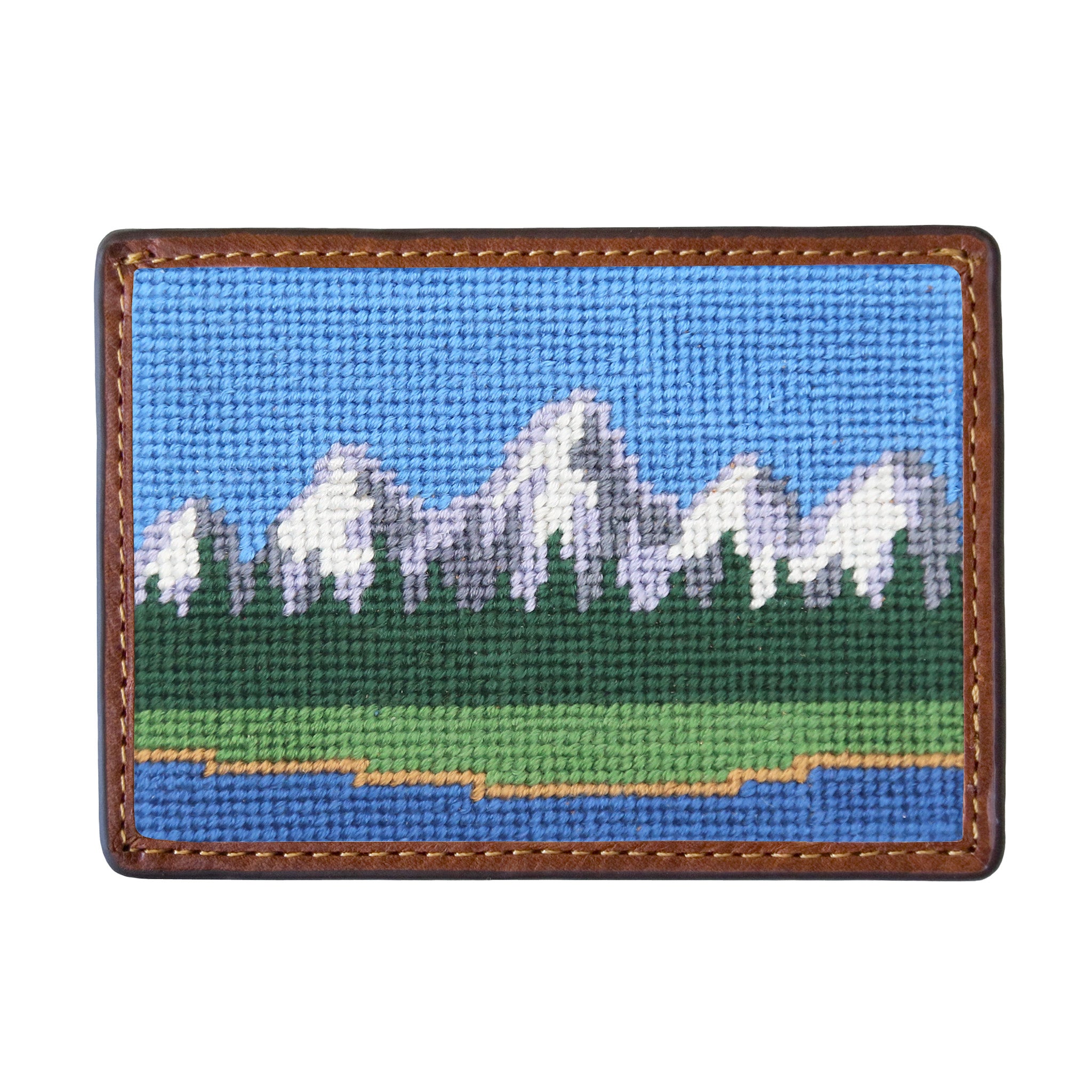 Tetons fishing pattern needlepoint card wallet with Italian leather trim.
