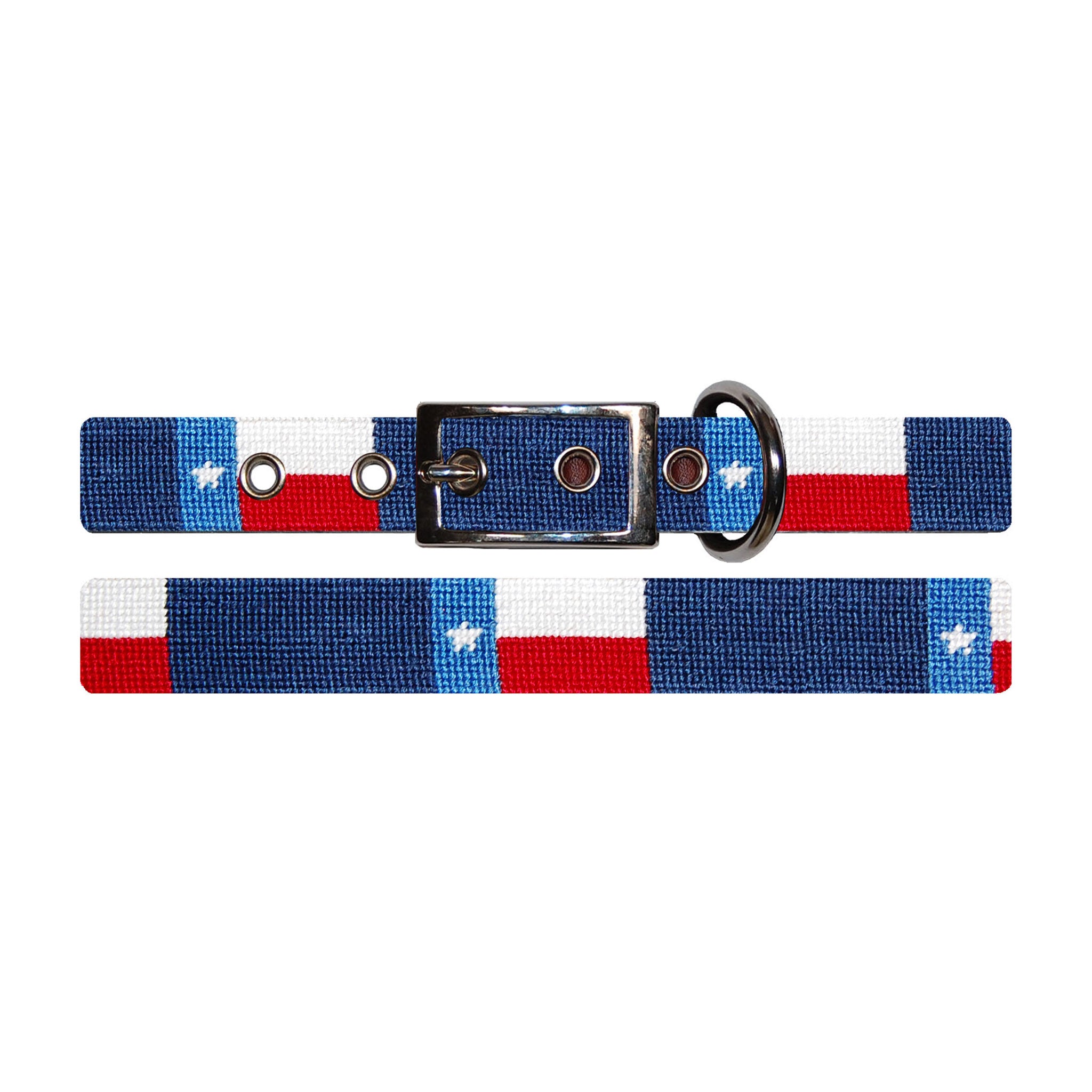 Shows the full length of the collar with detailed needlepoint design and metal buckle.