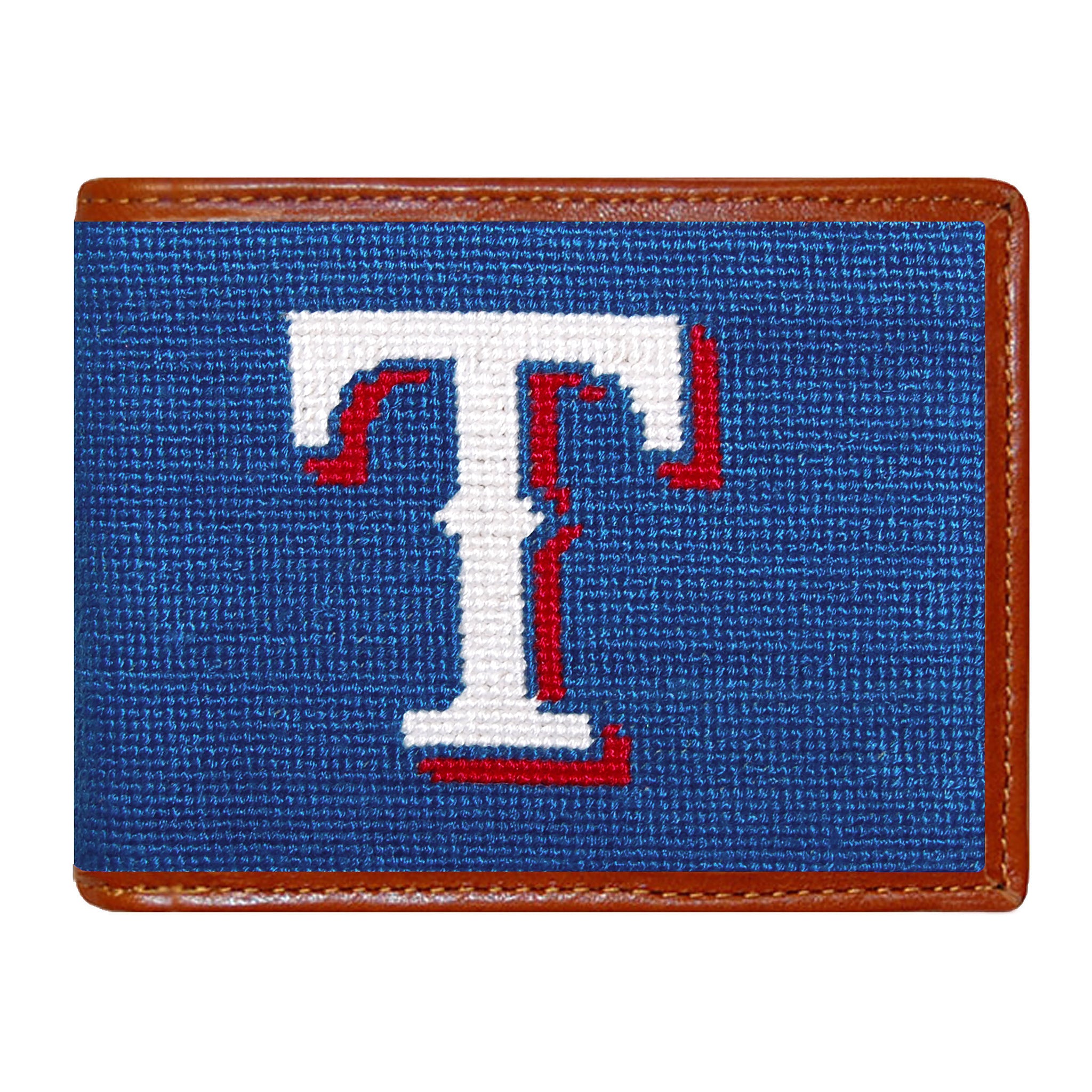 Texas Rangers navy needlepoint bi-fold wallet with red, white, and blue Rangers logo and brown leather trim, shown from primary angle.