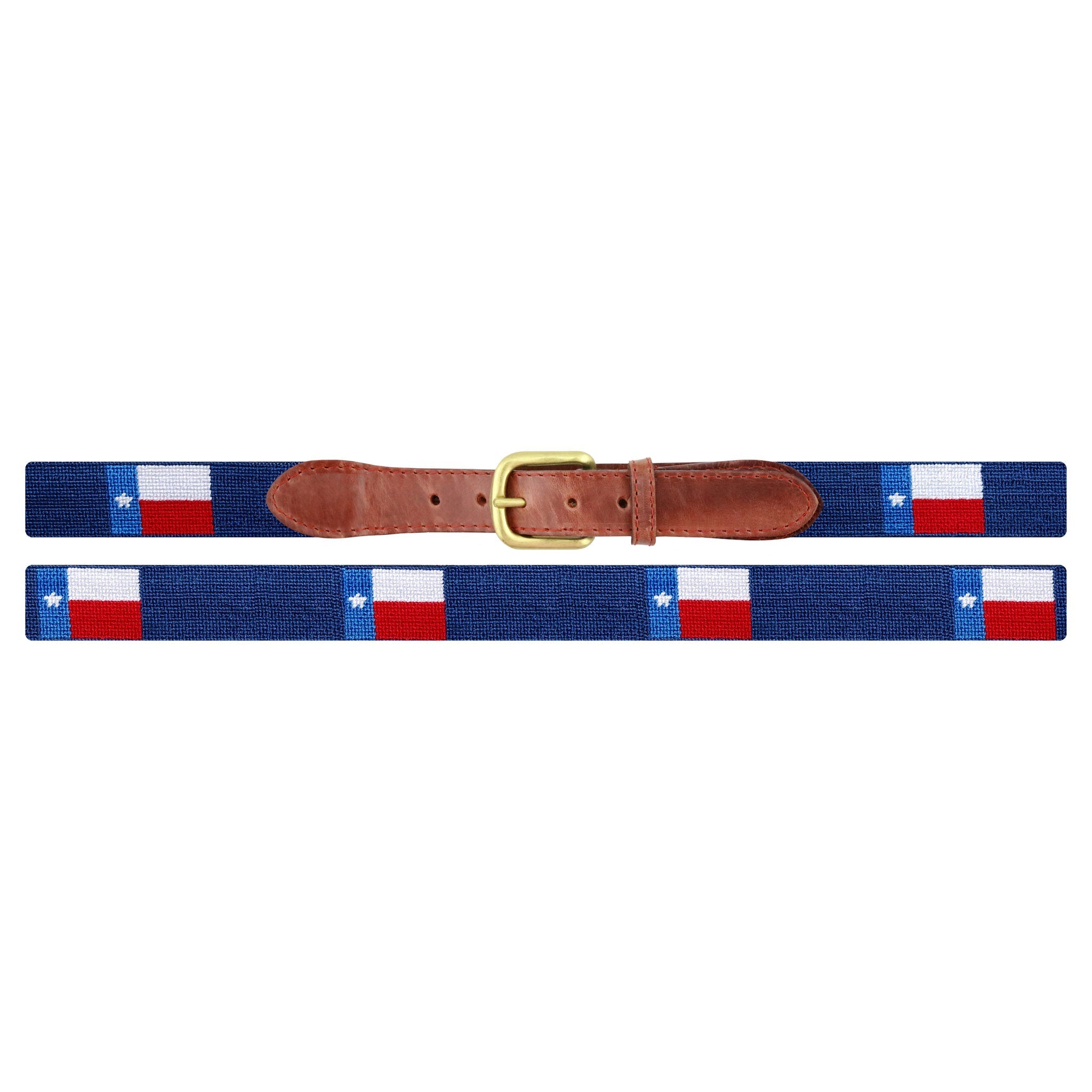 Flat view of Needlepoint Monogrammed Texas Flag Belt Classic Navy with brown leather trim and a brass buckle
