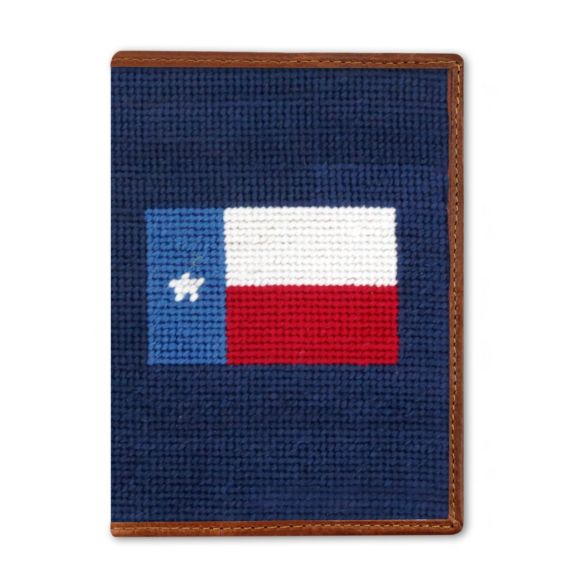 Texas Flag needlepoint passport case on a classic navy background with full leather construction