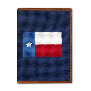 Texas Flag needlepoint passport case on a classic navy background with full leather construction