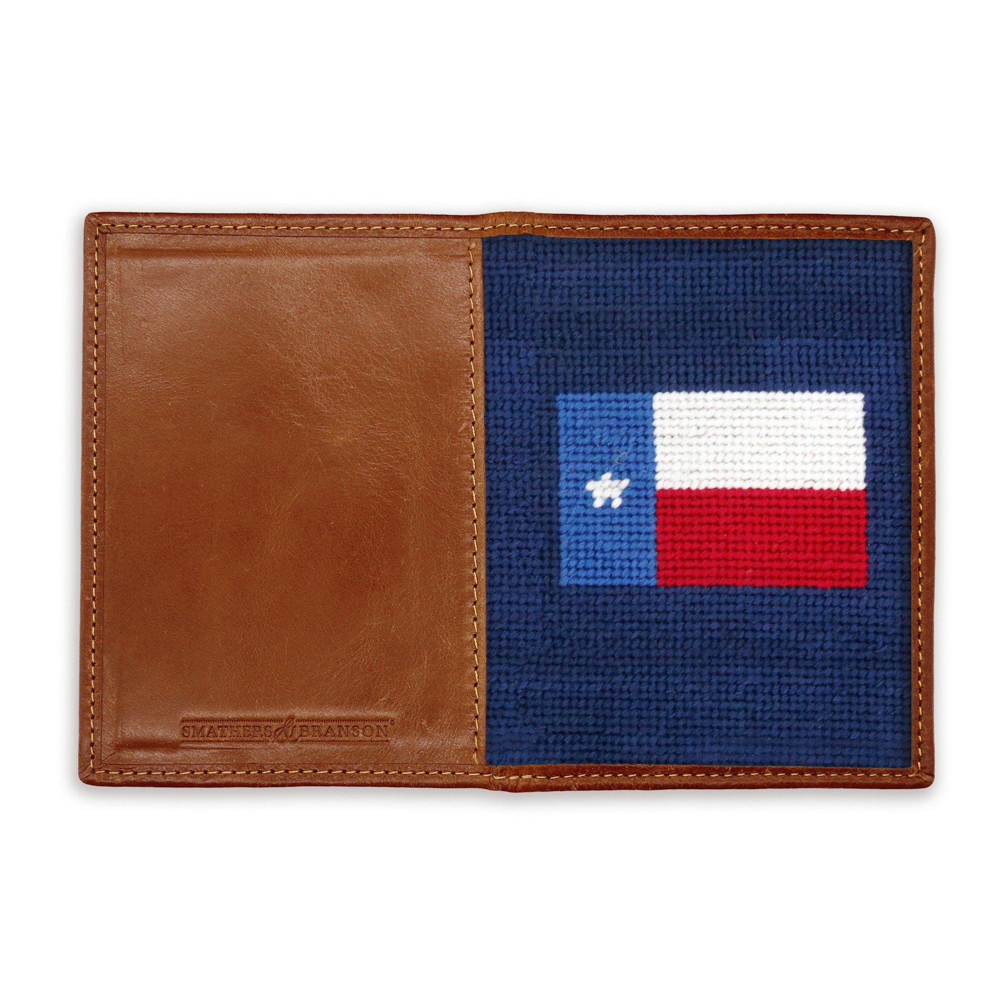 Back view of the Texas Flag needlepoint passport case showing detailed needlepoint and leather stitching