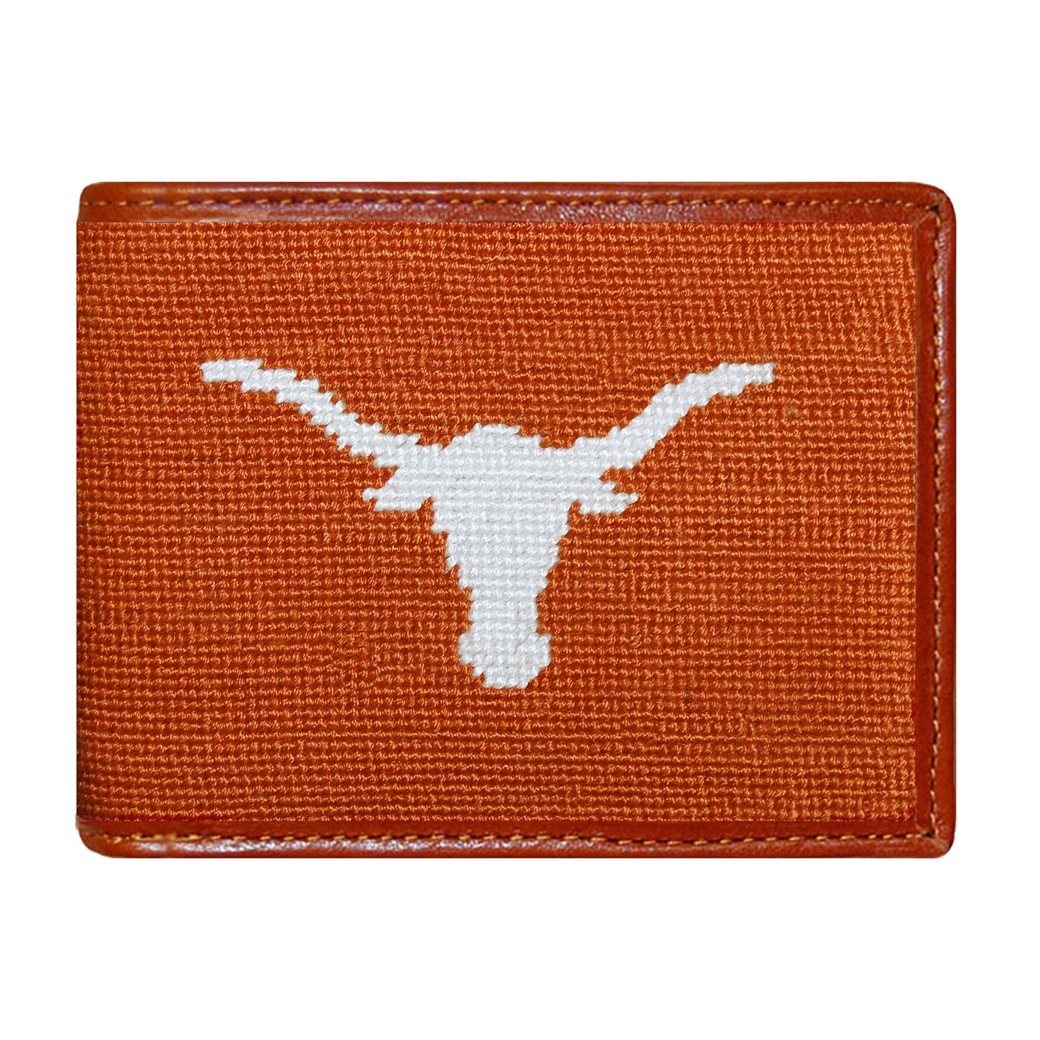 University of Texas orange needlepoint bi-fold wallet with brown leather trim, shown from primary angle.