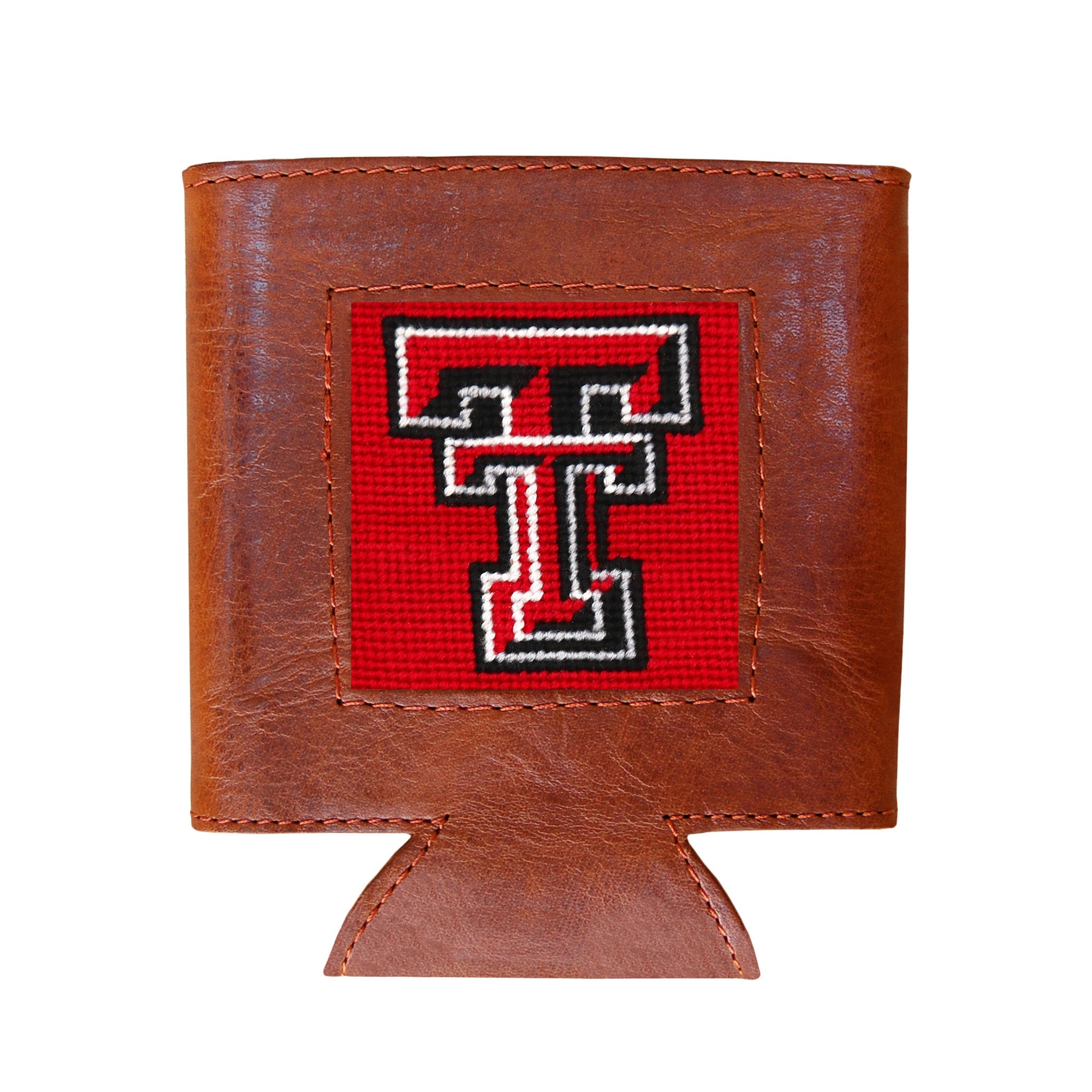Red can cooler with the black Texas Tech “Double T” logo from a secondary angle.
